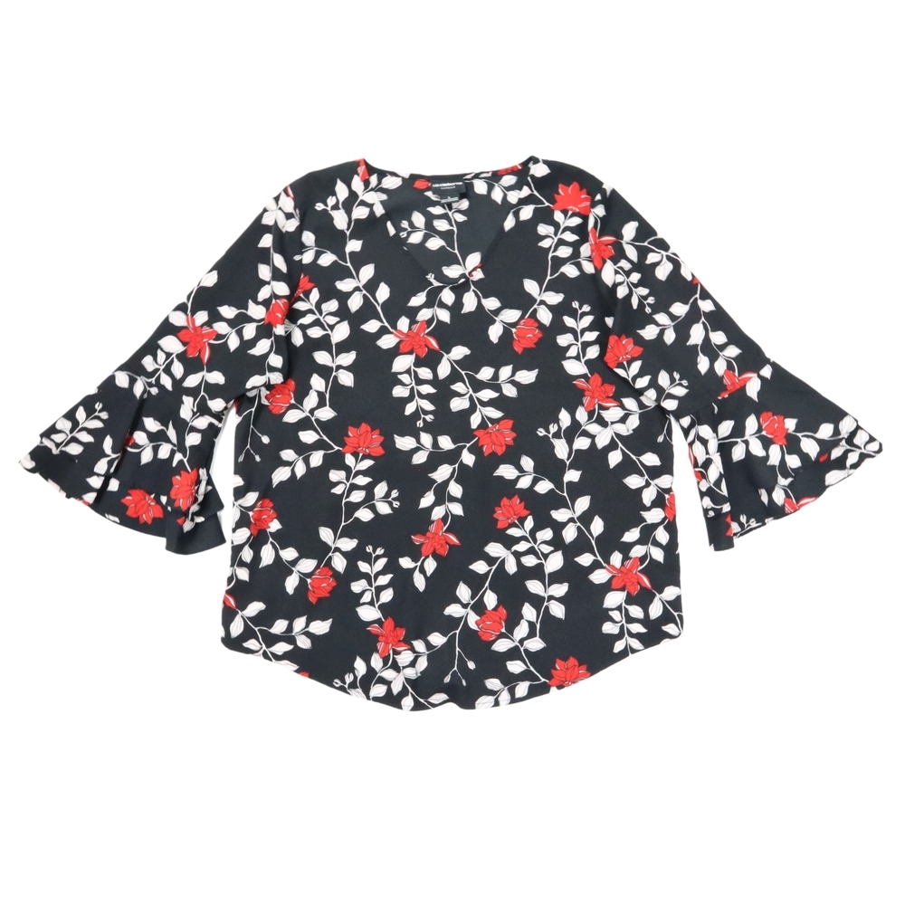 Liz Claiborne Women Blouse Size L Black Red Floral 3/4 Flared Sleeve V-neck